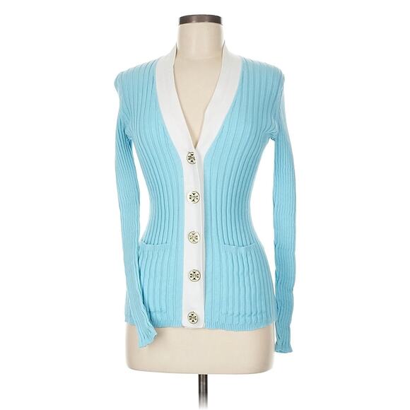 Tory Burch Retro Blue Ribbed V Neck Cardigan Gold Logo Buttons M - Picture 1 of 3